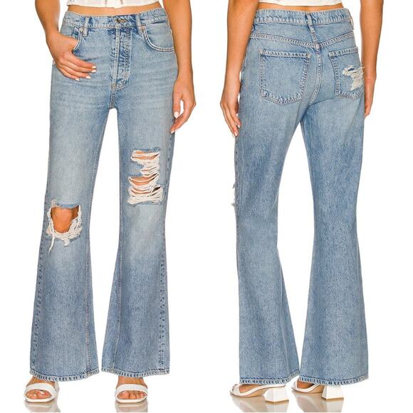 FP We The Free New Dawn Flare Jeans Light Wash Size 26 Boho Distressed Cowgirl - Picture 2 of 13